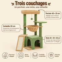Petit arbre à chat avec grande niche et griffoirs, ses couchages