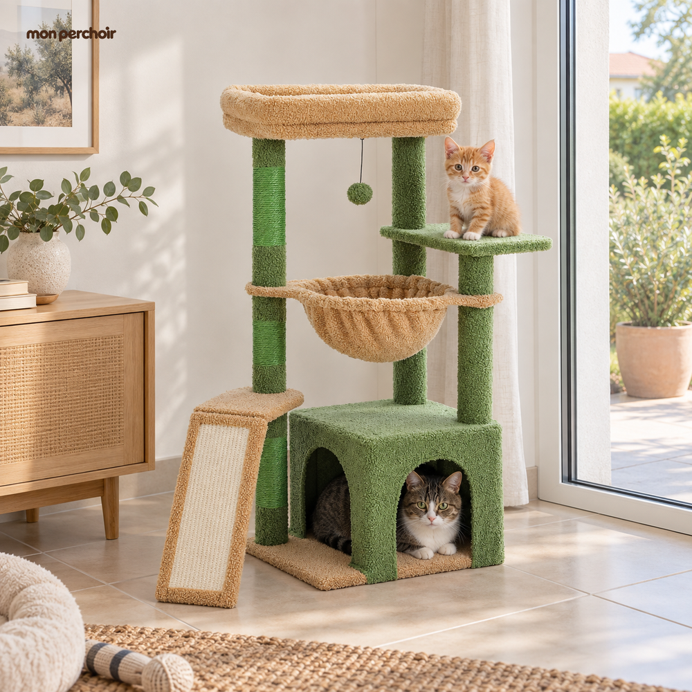 Petit arbre à chat avec grande niche et griffoirs, dans une maison française