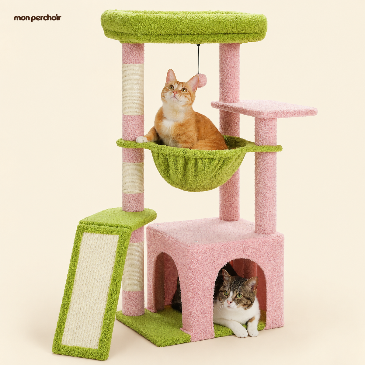 Petit arbre à chat avec grande niche et griffoirs, coloris Rose et vert